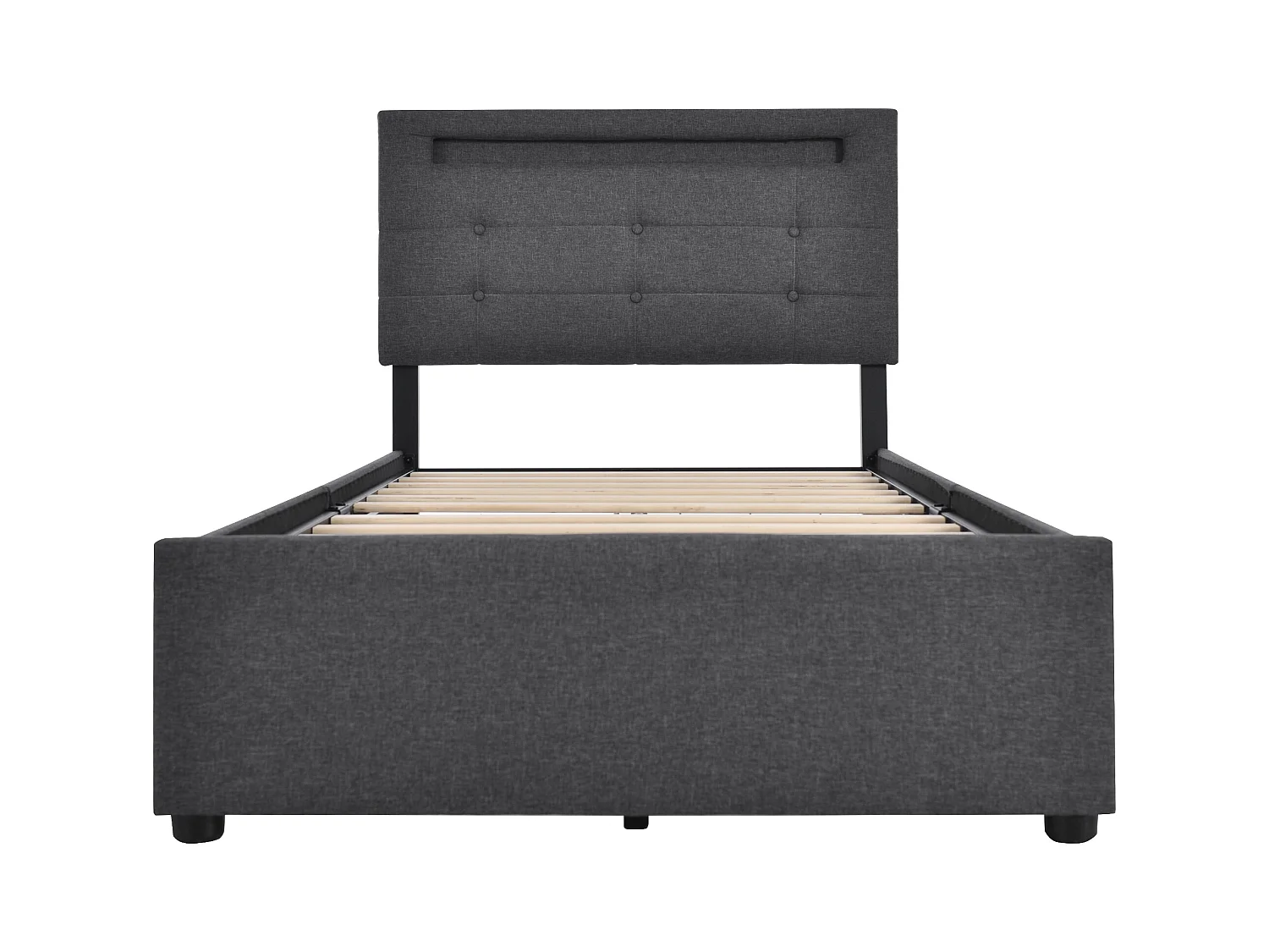 Lit adulte 90x200cm avec 2 tiroirs et LED, tête de lit réglable, lin gris, sans matelas