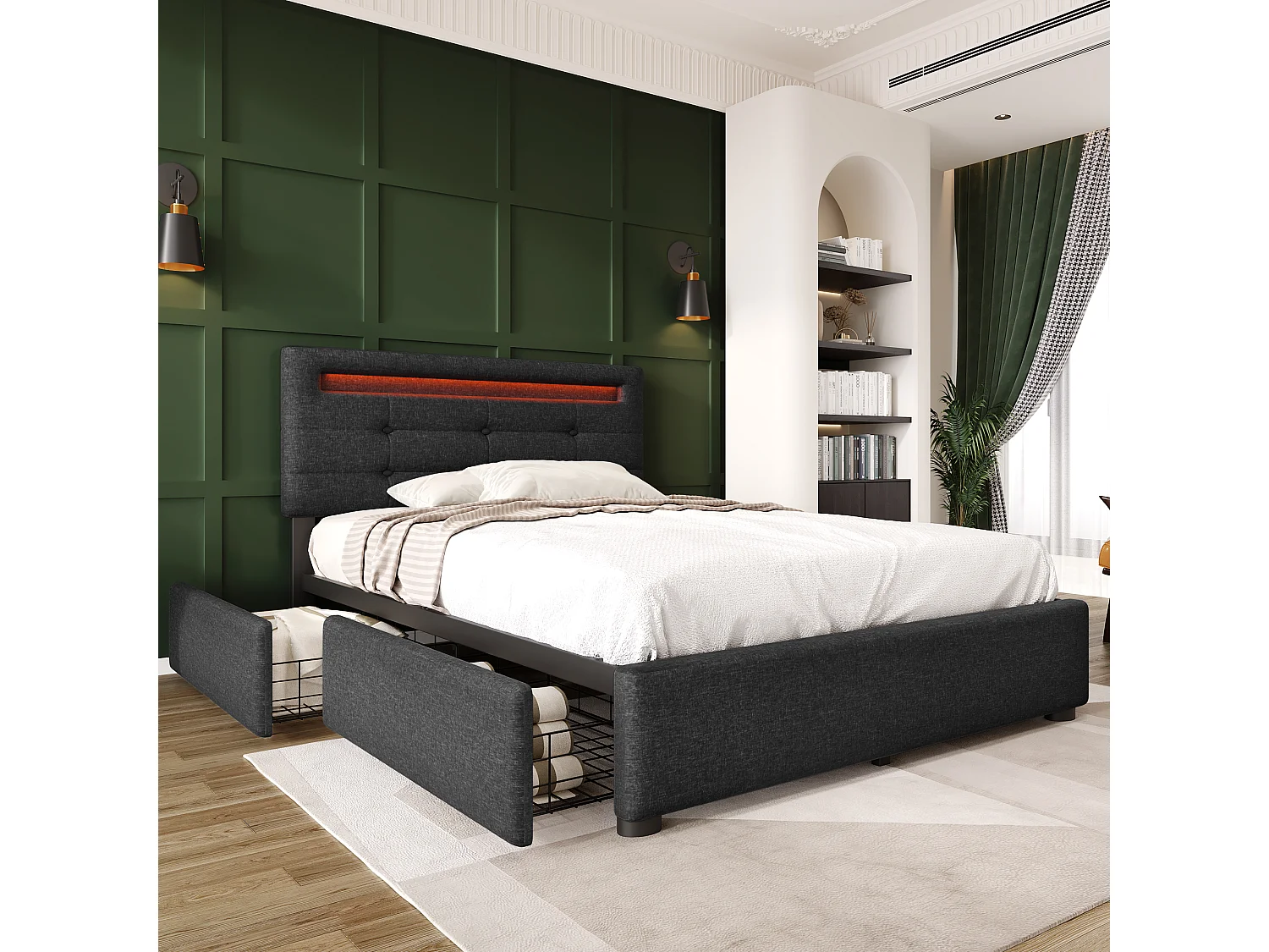 Volwassenenbed 90x200 cm met 2 lades en LED, verstelbare hoofdbord, grijs linnen, zonder matras