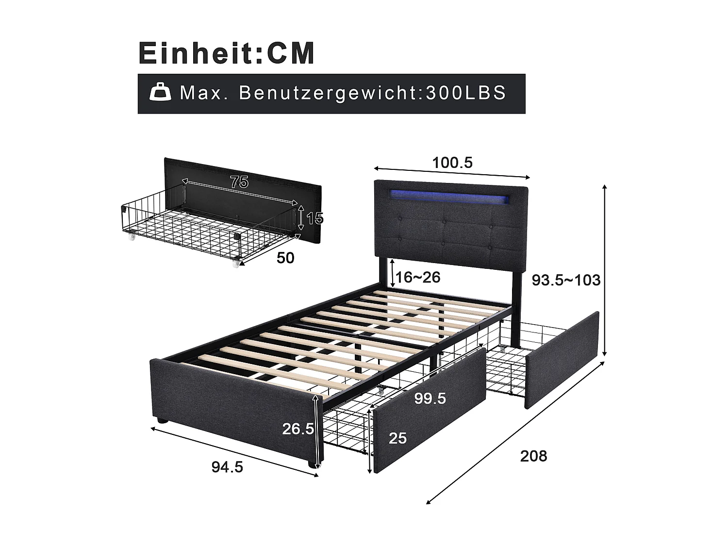Volwassenenbed 90x200 cm met 2 lades en LED, verstelbare hoofdbord, grijs linnen, zonder matras