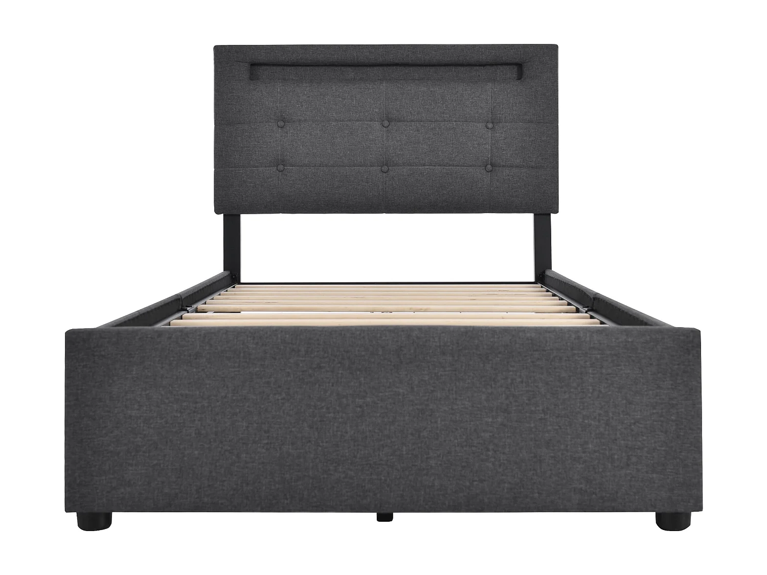 Volwassenenbed 90x200 cm met 2 lades en LED, verstelbare hoofdbord, grijs linnen, zonder matras