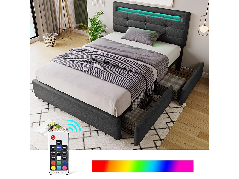 Letto singolo 90x200 cm con 2 cassetti e LED, testiera regolabile, lino grigio, senza materasso