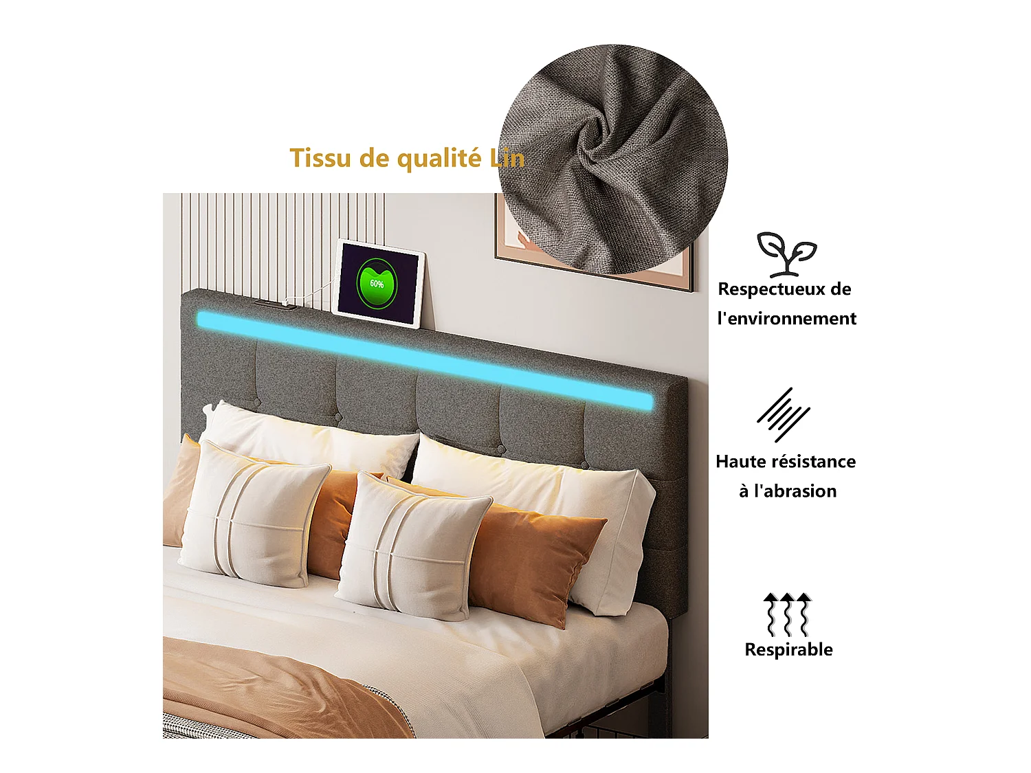 Lit rembourré 140.200 cadre de lit LED rembourré avec 4 tiroirs et 2 bornes de recharge USB, cadre de lit tête de lit pédale avec lampe LED