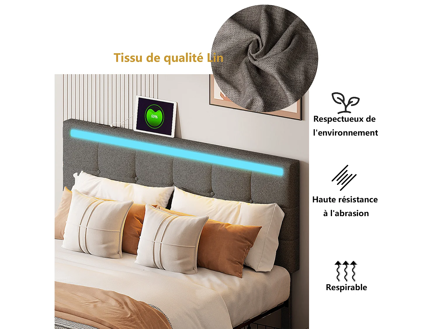 Lit rembourré 140.200 cadre de lit LED rembourré avec 4 tiroirs et 2 bornes de recharge USB, cadre de lit tête de lit pédale avec lampe LED