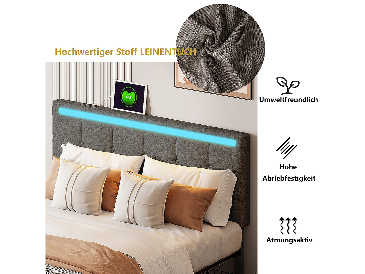 Lit rembourré 140.200 cadre de lit LED rembourré avec 4 tiroirs et 2 bornes de recharge USB, cadre de lit tête de lit pédale avec lampe LED