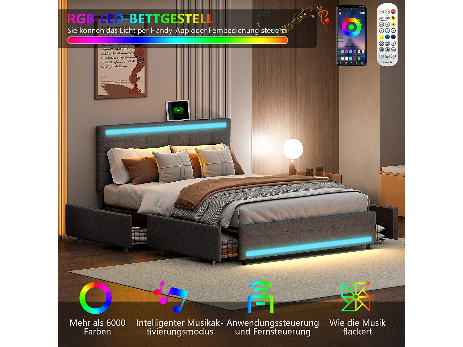 Lit rembourré 140.200 cadre de lit LED rembourré avec 4 tiroirs et 2 bornes de recharge USB, cadre de lit tête de lit pédale avec lampe LED