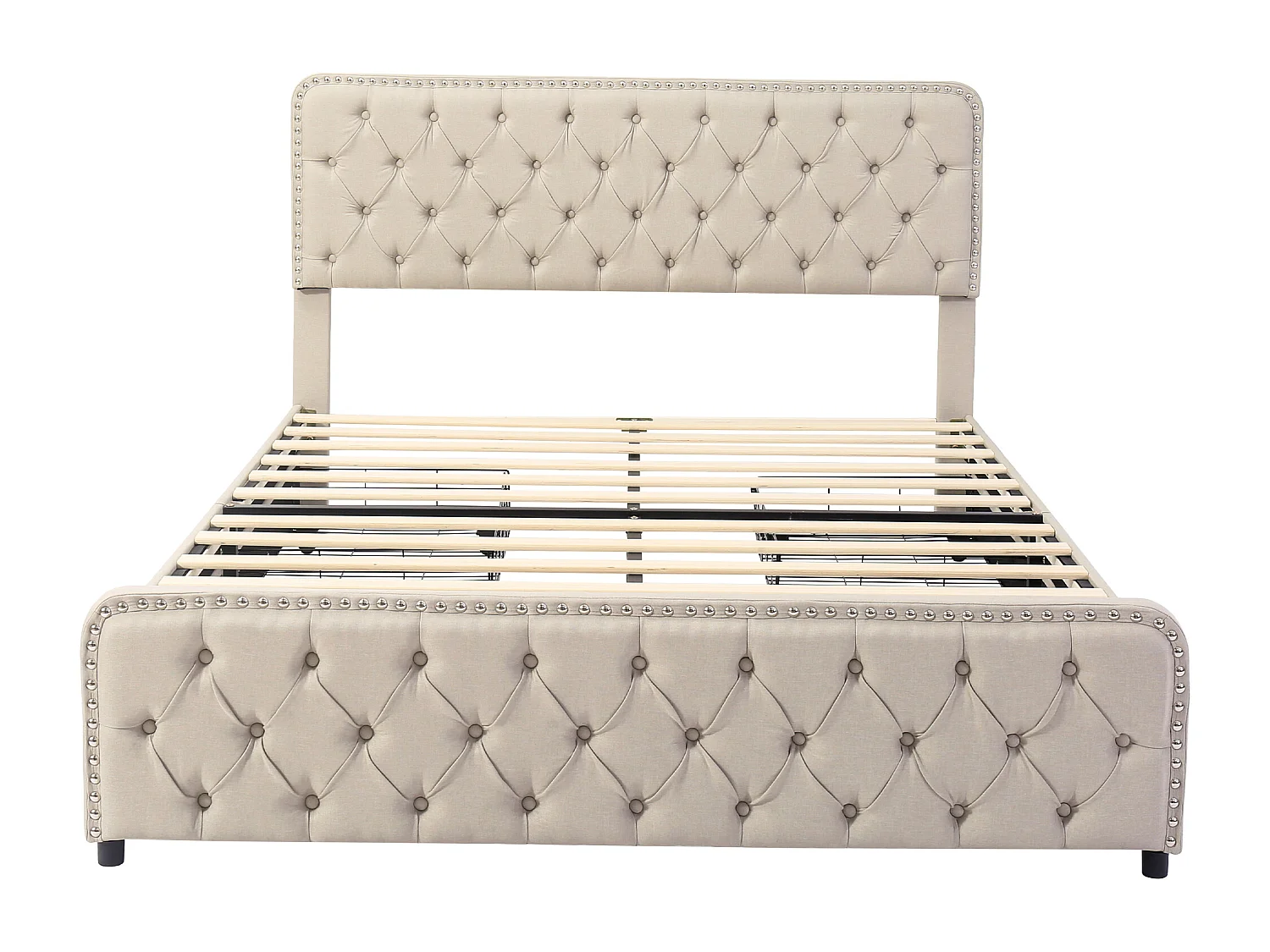 Lit adulte 180x200cm avec 4 tiroirs et tête de lit réglable, lin beige, sans matelas