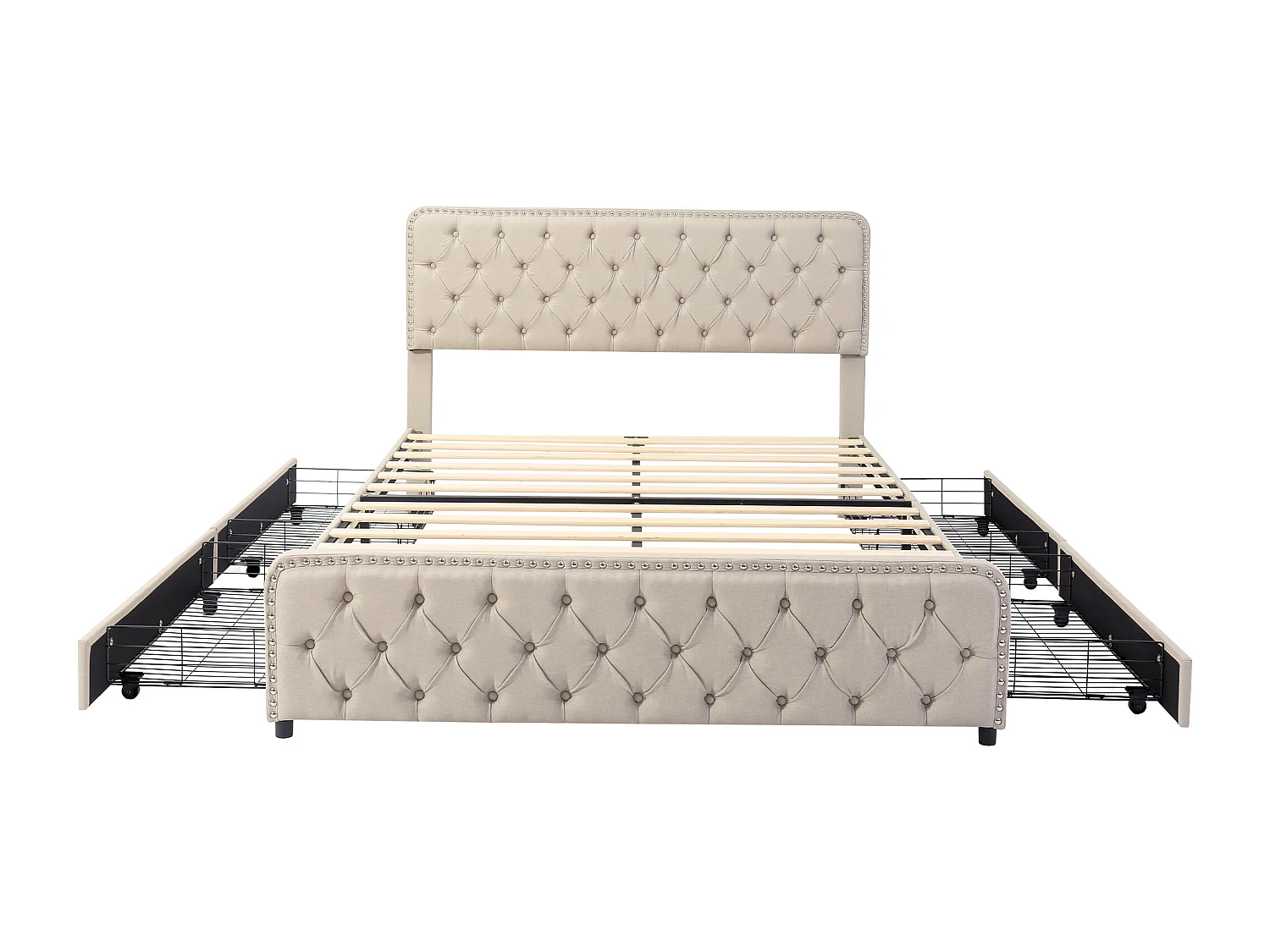 Lit adulte 180x200cm avec 4 tiroirs et tête de lit réglable, lin beige, sans matelas