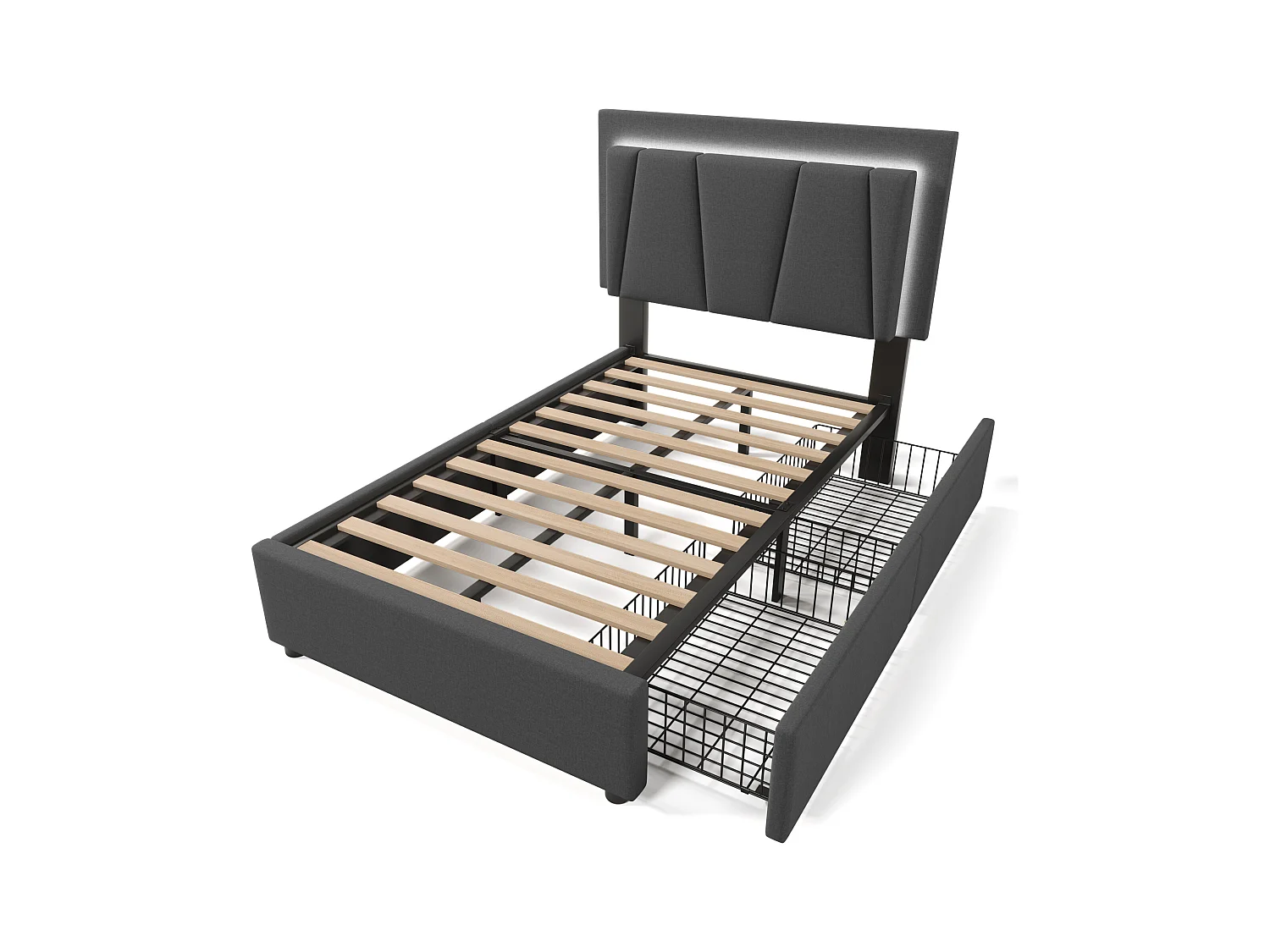 Lit adulte 90x200cm avec 2 tiroirs et LED, tête de lit réglable en hauteur, lin gris, sans matelas