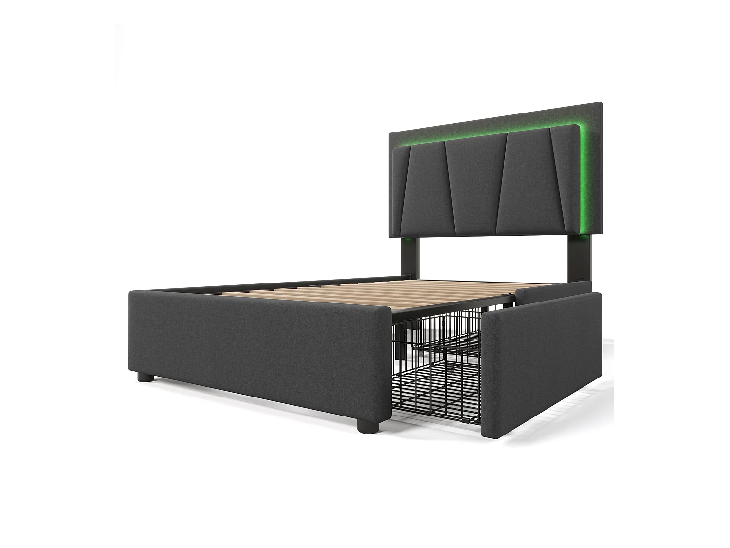 Lit adulte 90x200cm avec 2 tiroirs et LED, tête de lit réglable en hauteur, lin gris, sans matelas