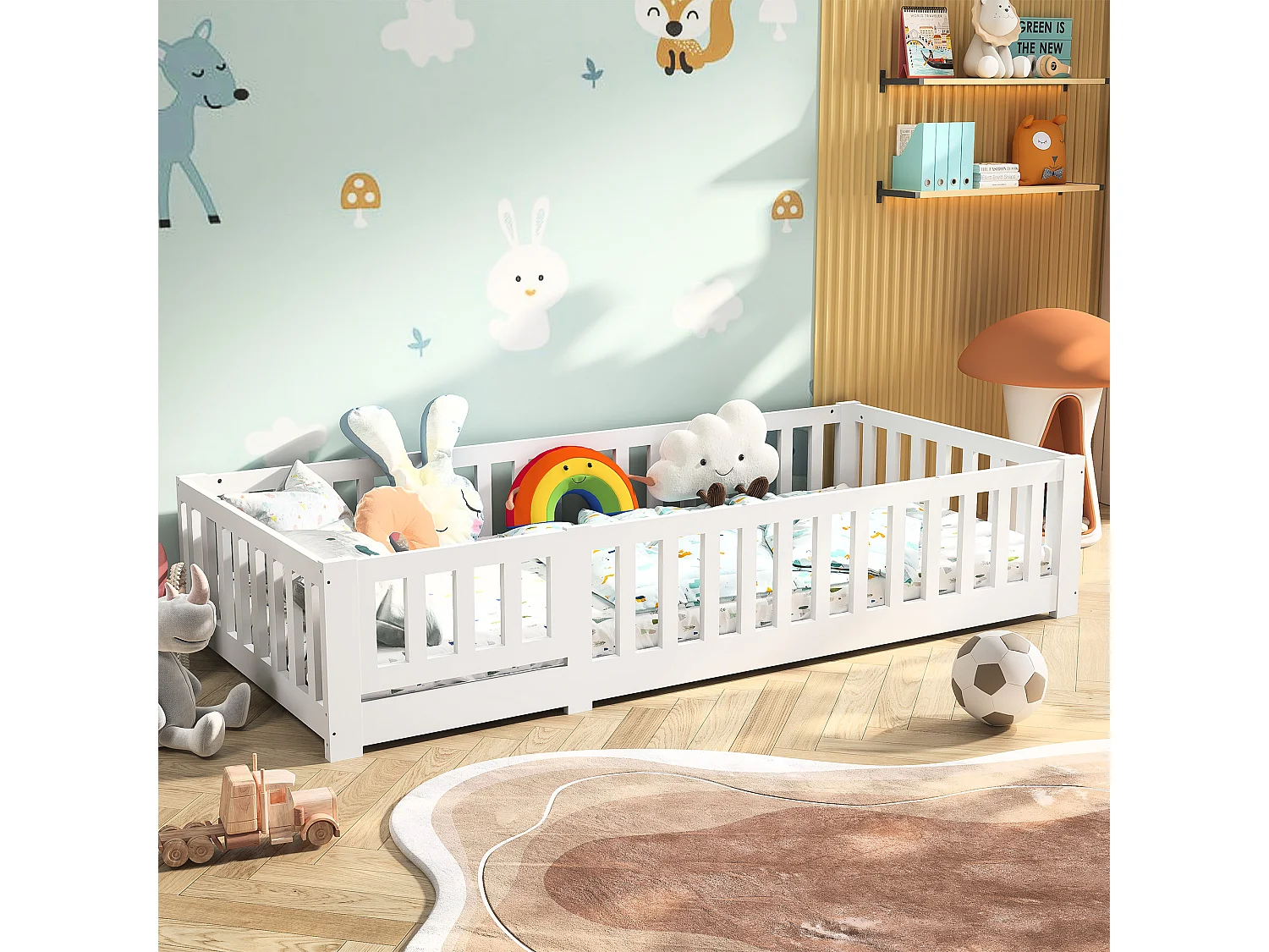 Lit enfant Montessori 90 x 200 cm avec porte, protection antichute et sommier à lattes pour garçons et filles, en bois de pin massif, sans matelas