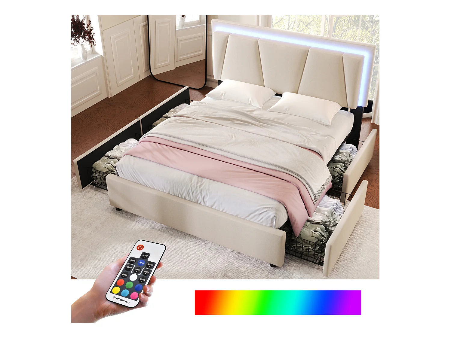 Lit adulte 140x200cm avec 4 tiroirs et LED, tête de lit réglable en hauteur, lin beige, sans matelas