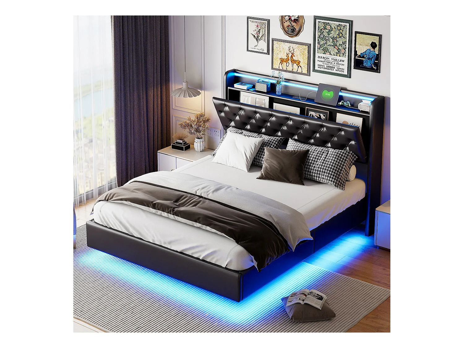Lit tapis 160x200cm, lit double avec fonction de charge USB, éclairage LED, tête avec espace de rangement, lit suspendu, pieds de lit cachés, finition cuir, noir