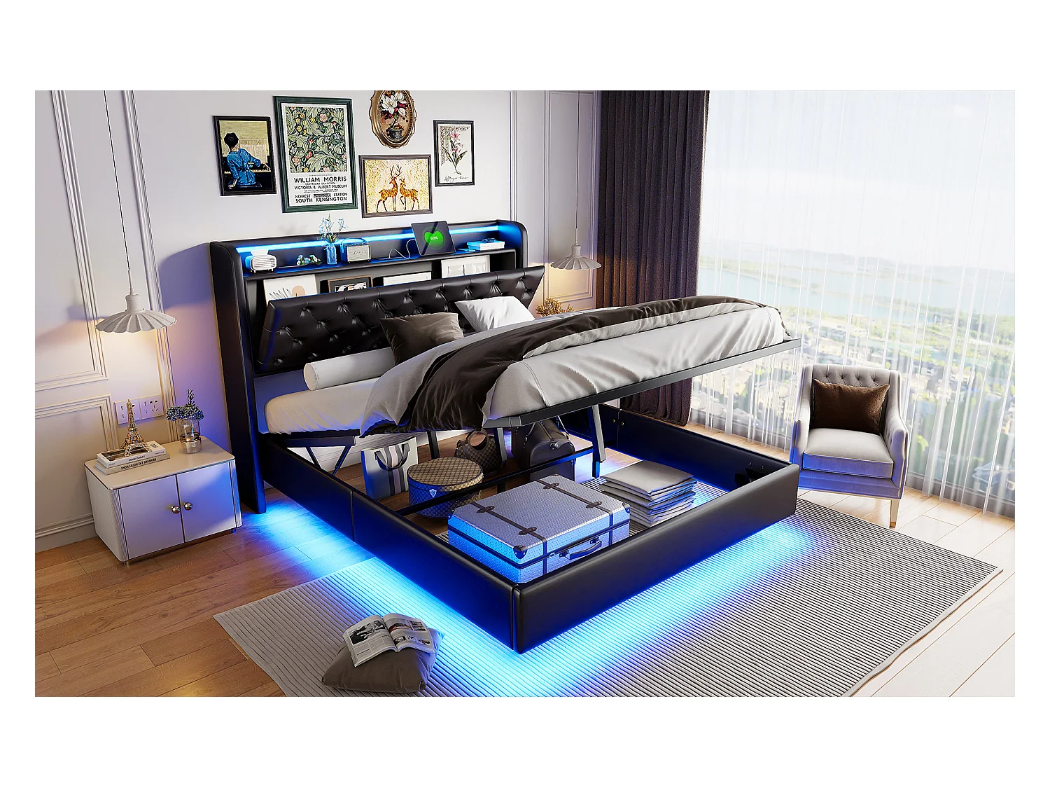 Lit tapis 160x200cm, lit double avec fonction de charge USB, éclairage LED, tête avec espace de rangement, lit suspendu, pieds de lit cachés, finition cuir, noir
