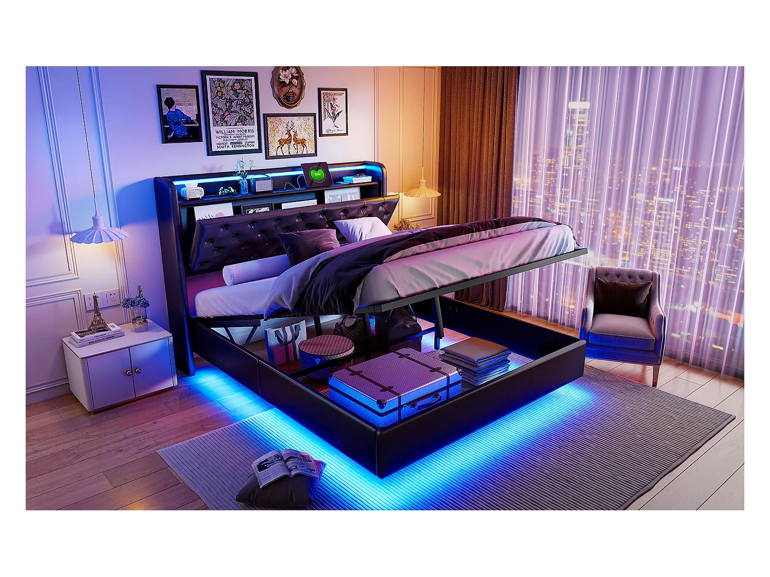 Lit tapis 160x200cm, lit double avec fonction de charge USB, éclairage LED, tête avec espace de rangement, lit suspendu, pieds de lit cachés, finition cuir, noir