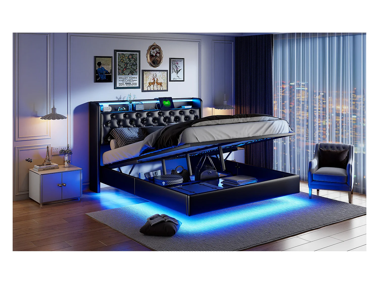 Lit tapis 160x200cm, lit double avec fonction de charge USB, éclairage LED, tête avec espace de rangement, lit suspendu, pieds de lit cachés, finition cuir, noir