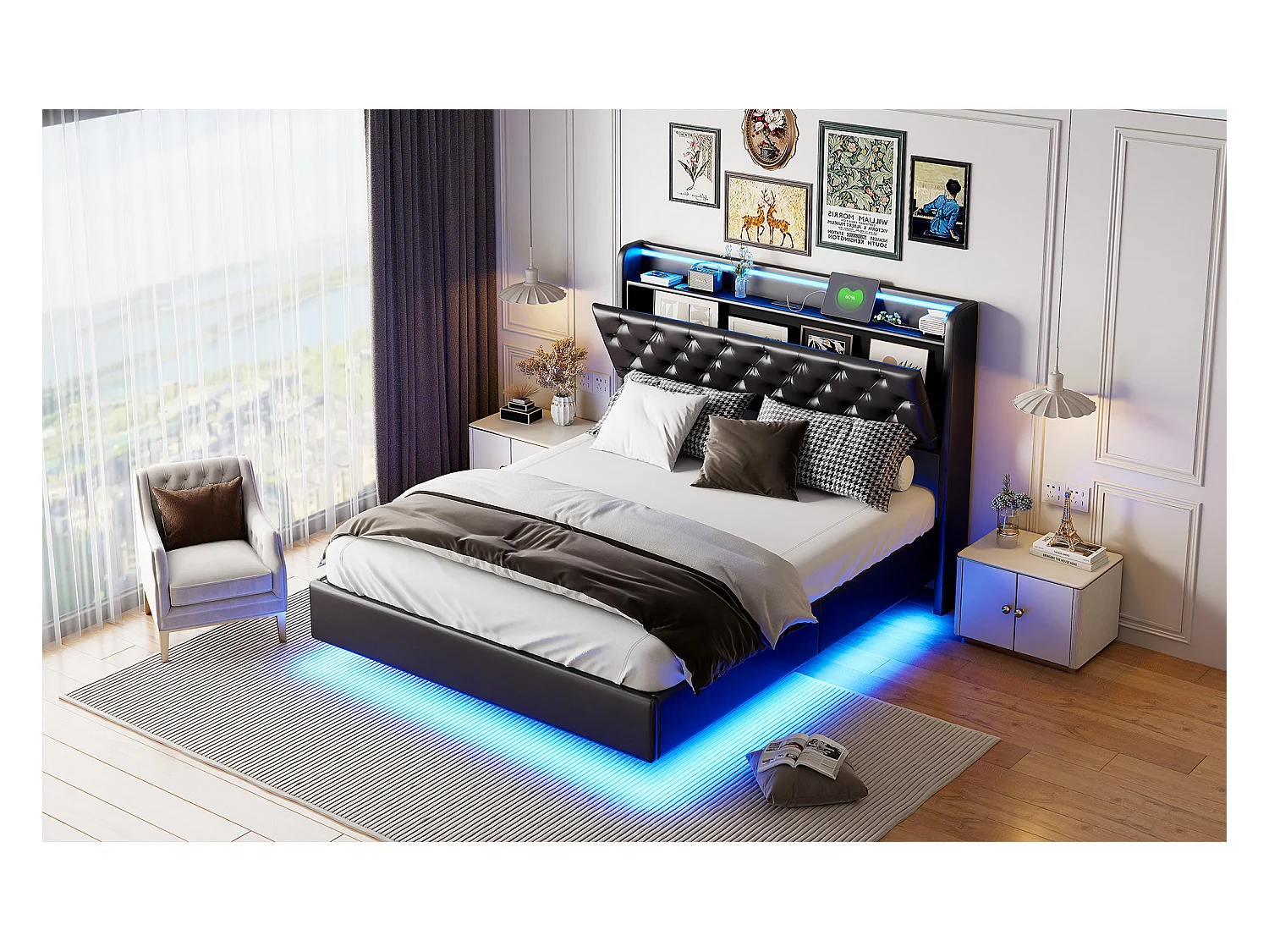 Lit tapis 160x200cm, lit double avec fonction de charge USB, éclairage LED, tête avec espace de rangement, lit suspendu, pieds de lit cachés, finition cuir, noir