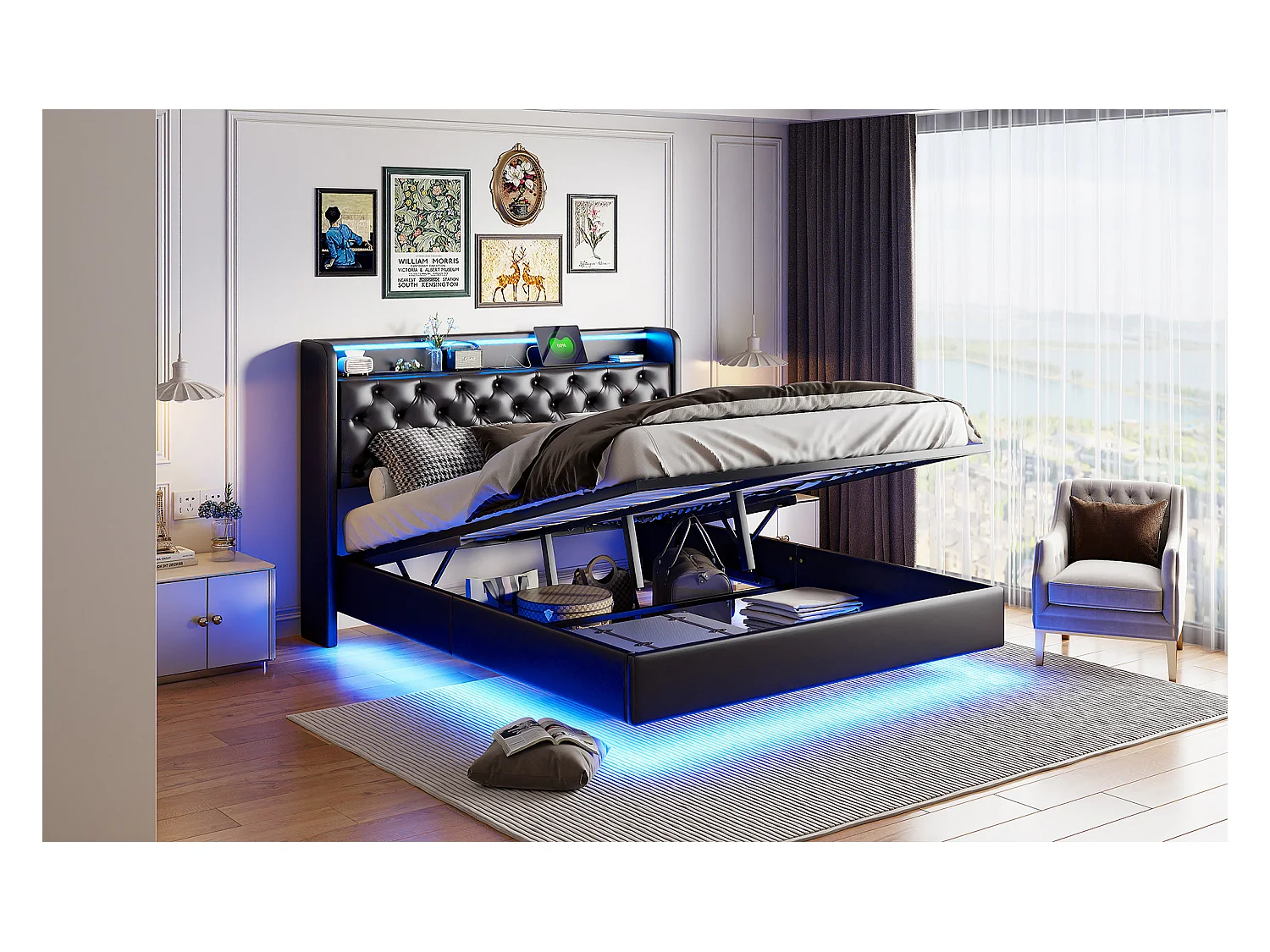 Lit tapis 160x200cm, lit double avec fonction de charge USB, éclairage LED, tête avec espace de rangement, lit suspendu, pieds de lit cachés, finition cuir, noir