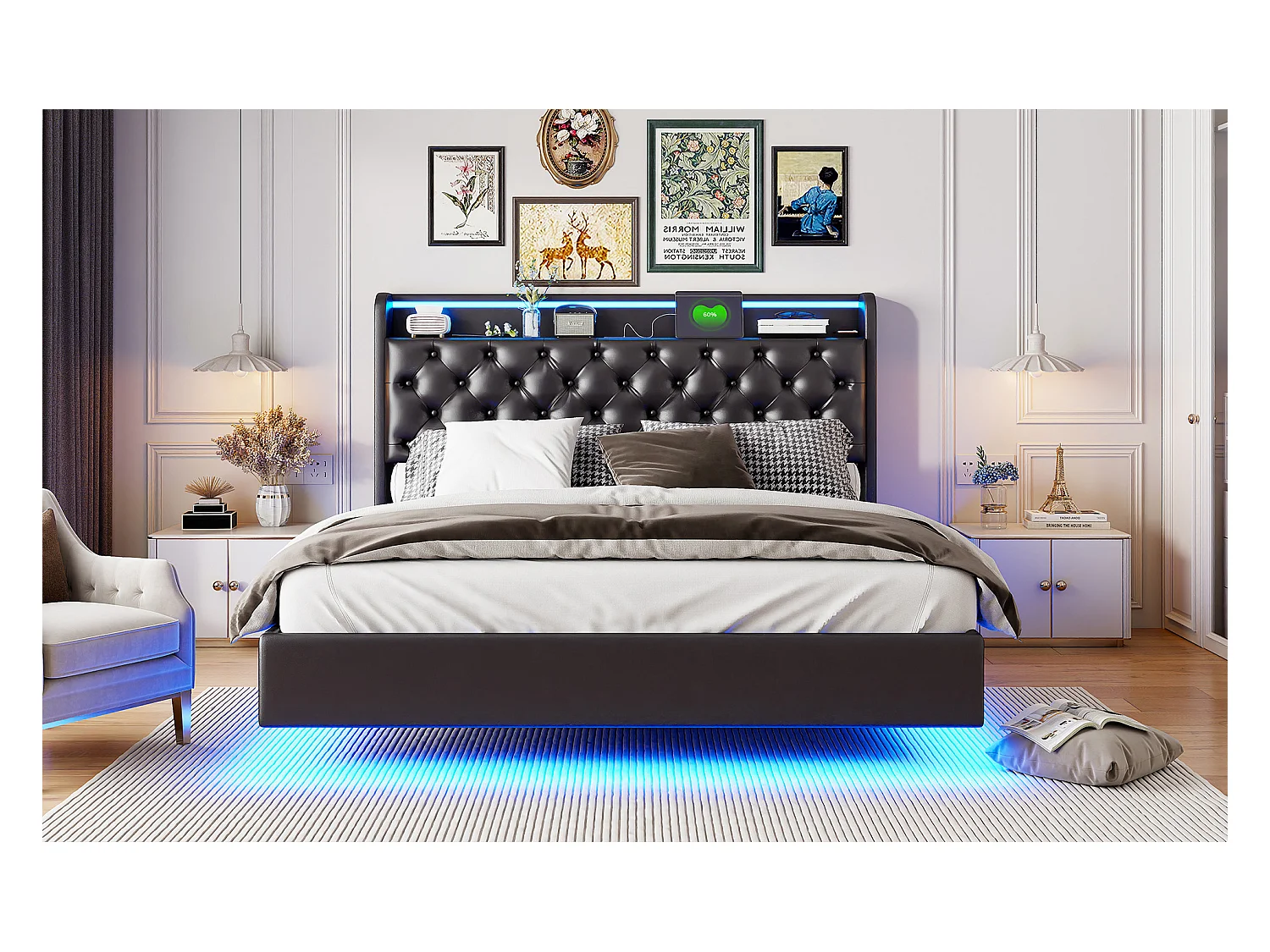 Lit tapis 160x200cm, lit double avec fonction de charge USB, éclairage LED, tête avec espace de rangement, lit suspendu, pieds de lit cachés, finition cuir, noir