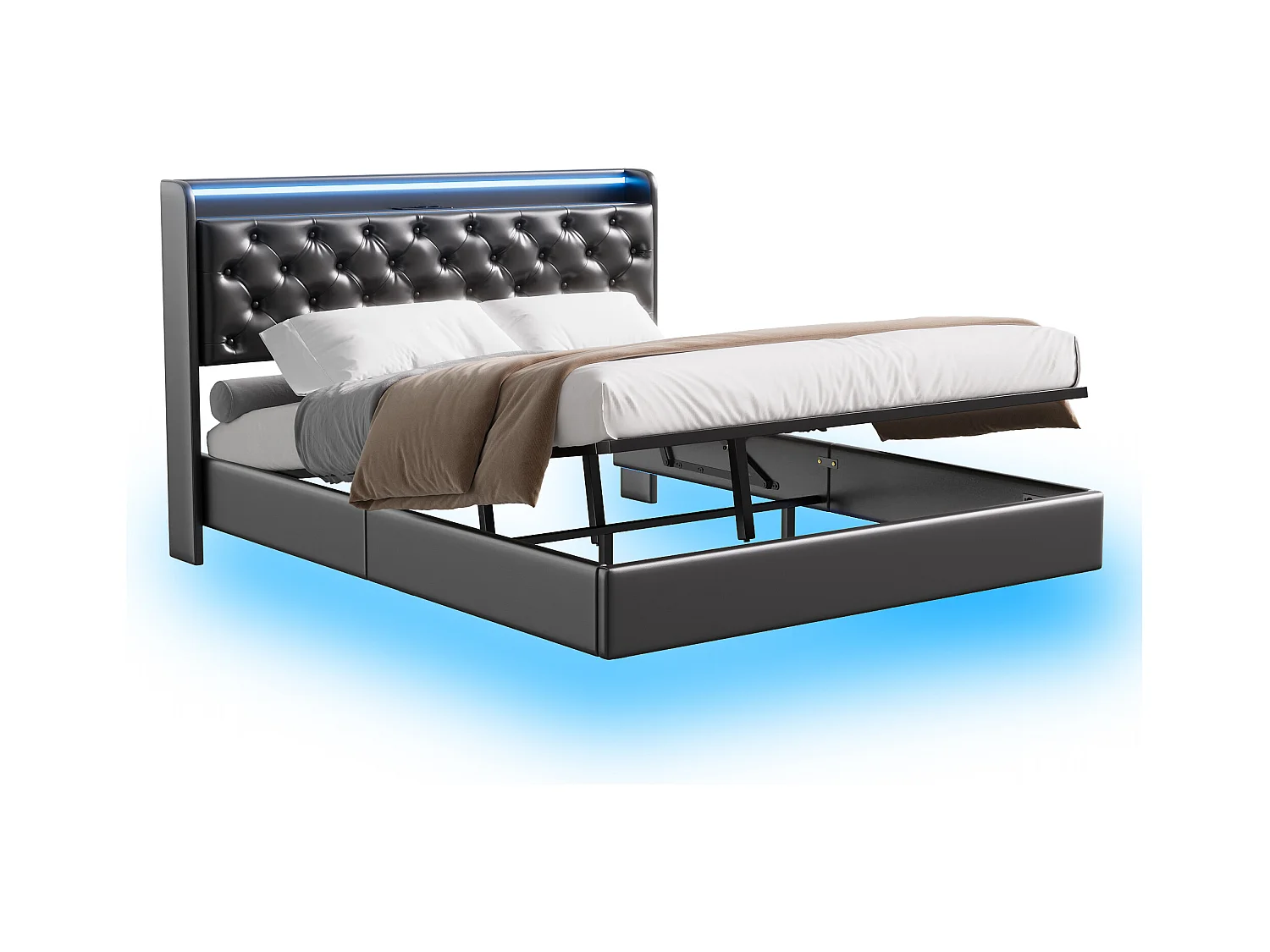 Lit tapis 160x200cm, lit double avec fonction de charge USB, éclairage LED, tête avec espace de rangement, lit suspendu, pieds de lit cachés, finition cuir, noir