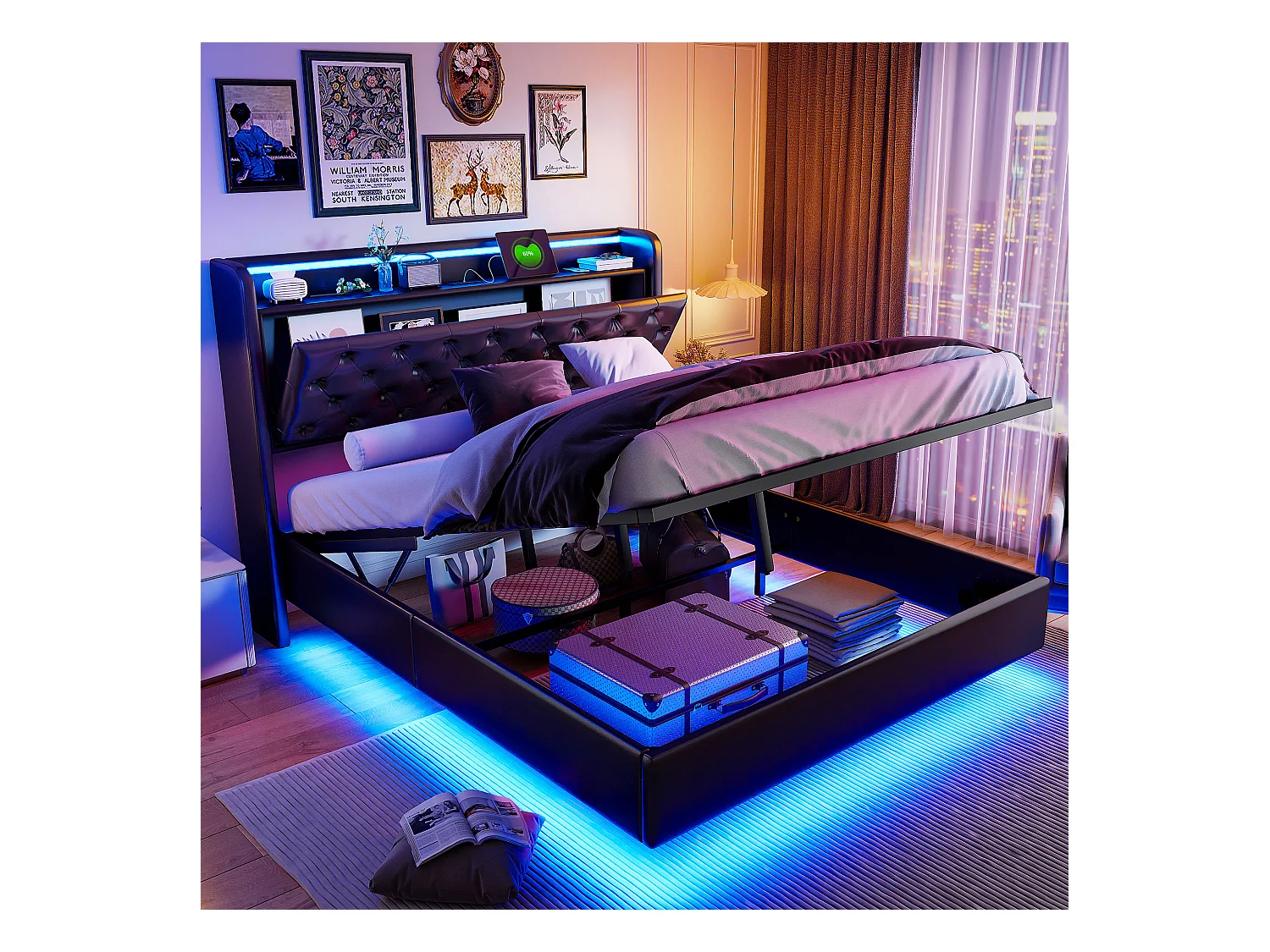 Lit tapis 160x200cm, lit double avec fonction de charge USB, éclairage LED, tête avec espace de rangement, lit suspendu, pieds de lit cachés, finition cuir, noir