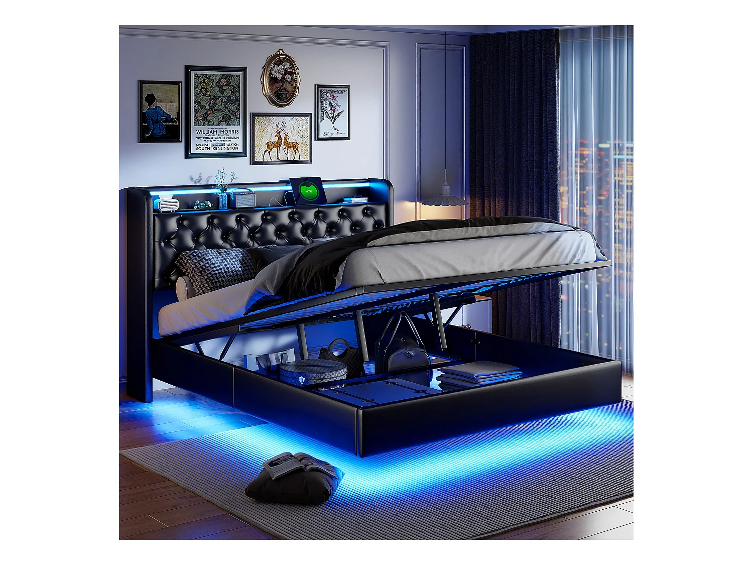 Lit tapis 160x200cm, lit double avec fonction de charge USB, éclairage LED, tête avec espace de rangement, lit suspendu, pieds de lit cachés, finition cuir, noir