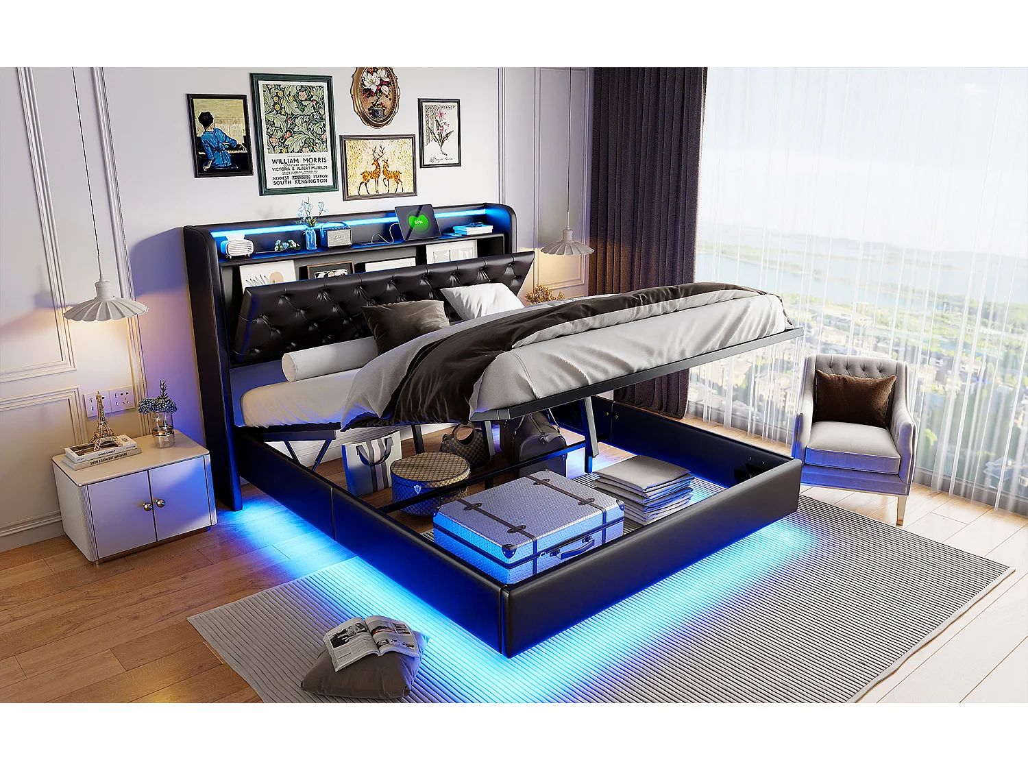 Lit tapis 160x200cm, lit double avec fonction de charge USB, éclairage LED, tête avec espace de rangement, lit suspendu, pieds de lit cachés, finition cuir, noir