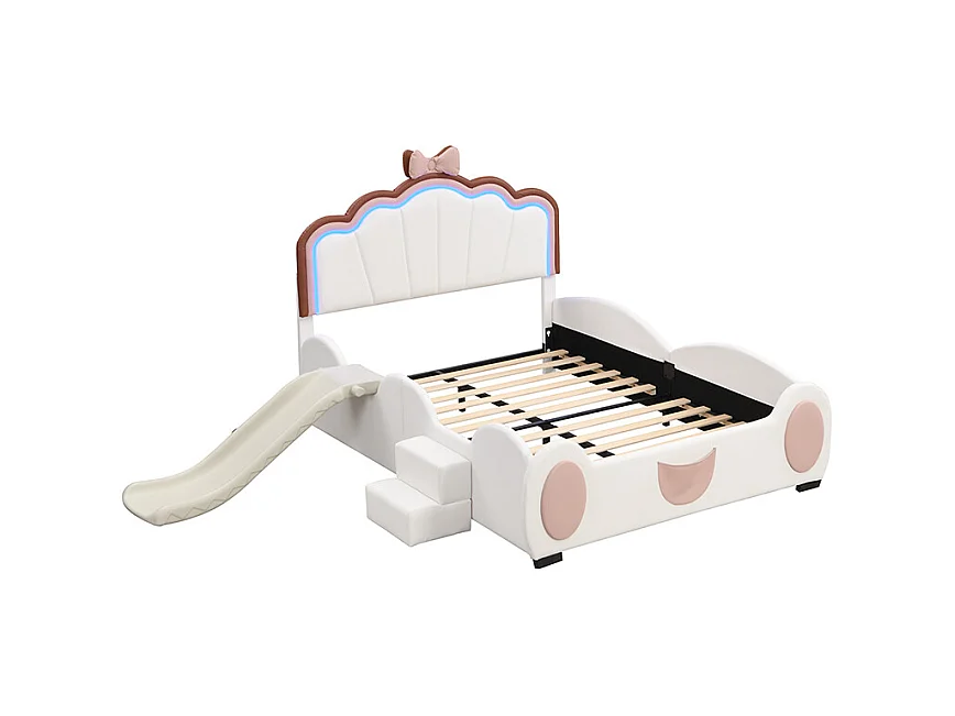 Lit enfant 140x200cm avec LED, toboggan et marche escamotable, en PU blanc, sans matelas