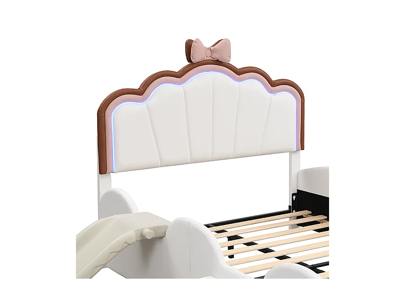 Lit enfant 140x200cm avec LED, toboggan et marche escamotable, en PU blanc, sans matelas
