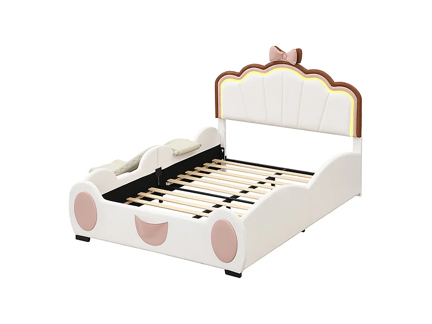 Lit enfant 140x200cm avec LED, toboggan et marche escamotable, en PU blanc, sans matelas