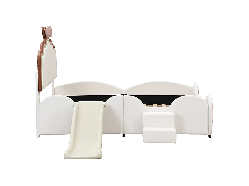 Lit enfant 140x200cm avec LED, toboggan et marche escamotable, en PU blanc, sans matelas