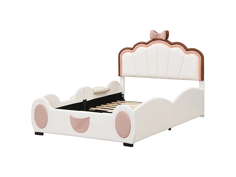 Lit enfant 140x200cm avec LED, toboggan et marche escamotable, en PU blanc, sans matelas