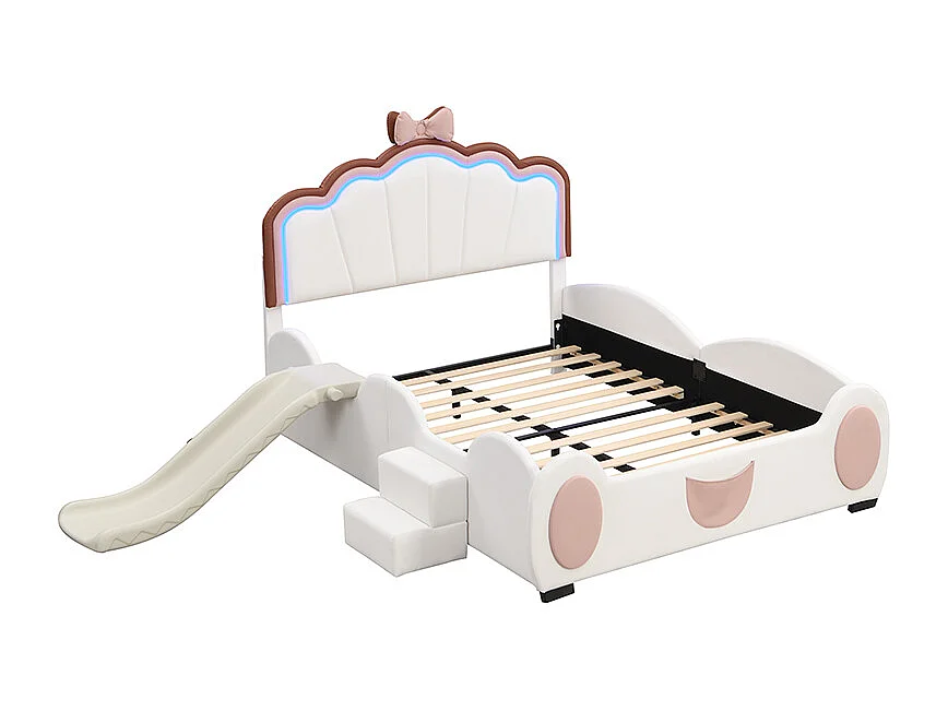 Lit enfant 140x200cm avec LED, toboggan et marche escamotable, en PU blanc, sans matelas