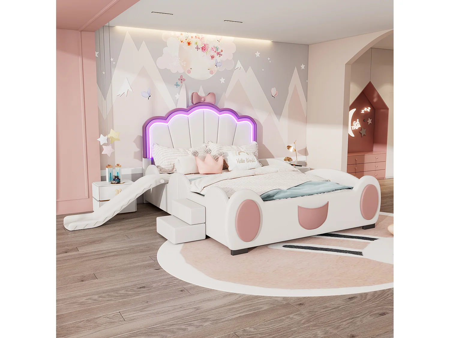 Lit enfant 140x200cm avec LED, toboggan et marche escamotable, en PU blanc, sans matelas