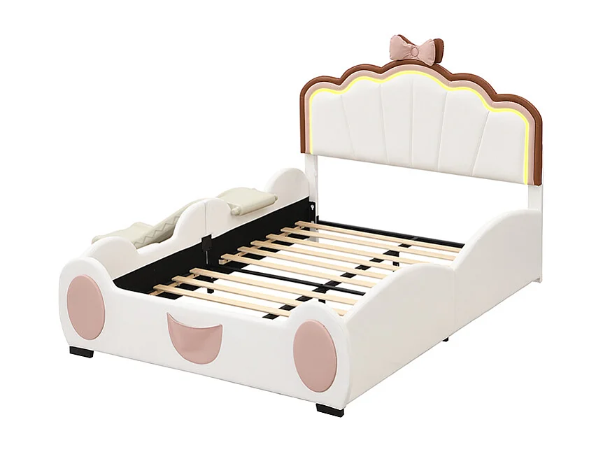 Lit enfant 140x200cm avec LED, toboggan et marche escamotable, en PU blanc, sans matelas