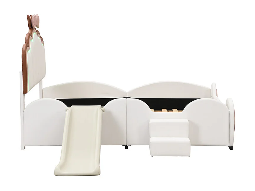 Lit enfant 140x200cm avec LED, toboggan et marche escamotable, en PU blanc, sans matelas