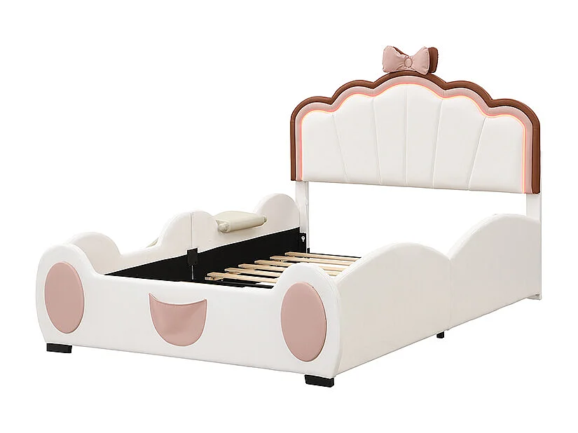 Lit enfant 140x200cm avec LED, toboggan et marche escamotable, en PU blanc, sans matelas