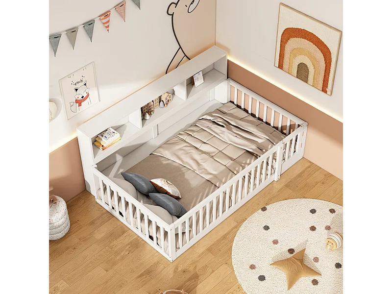 Letto basso bambino 90x200 cm con barriera e mensola, legno di pino bianco, senza materasso