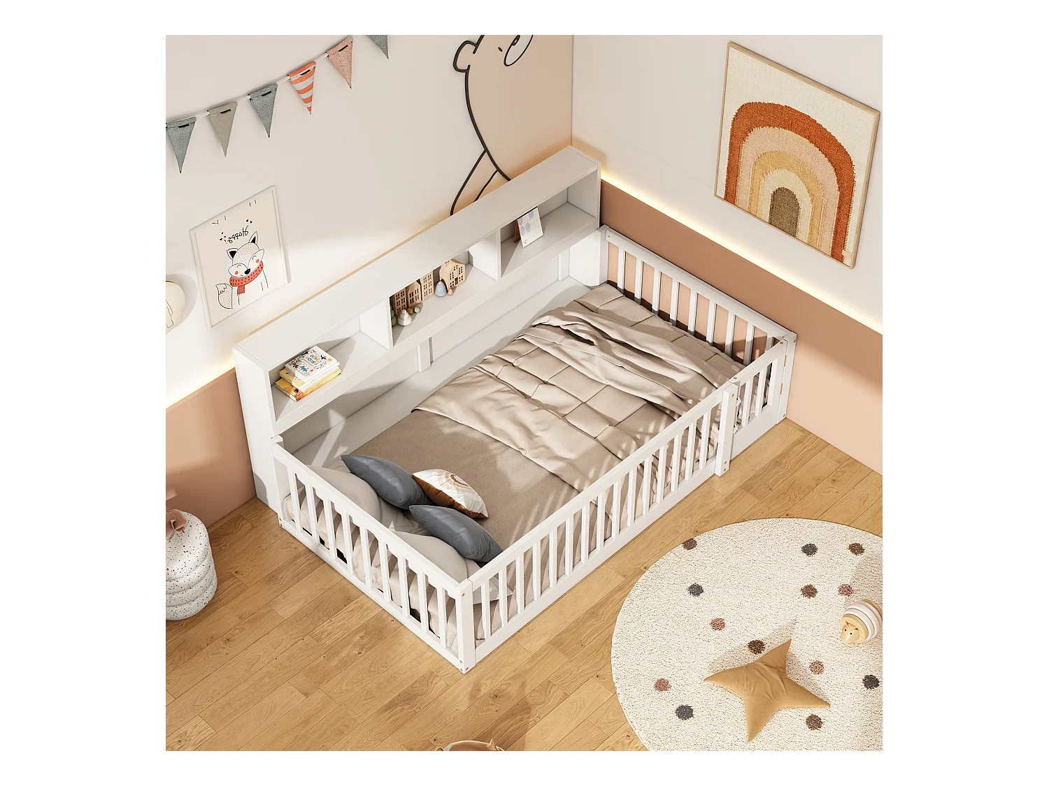 Lit au sol enfant 90x200cm avec barrière et Etagère, bois de pin blanc, sans matelas