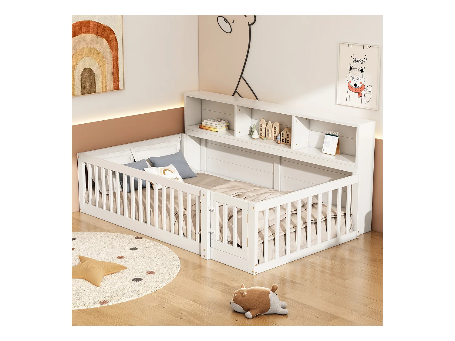 Lit au sol enfant 90x200cm avec barrière et Etagère, bois de pin blanc, sans matelas