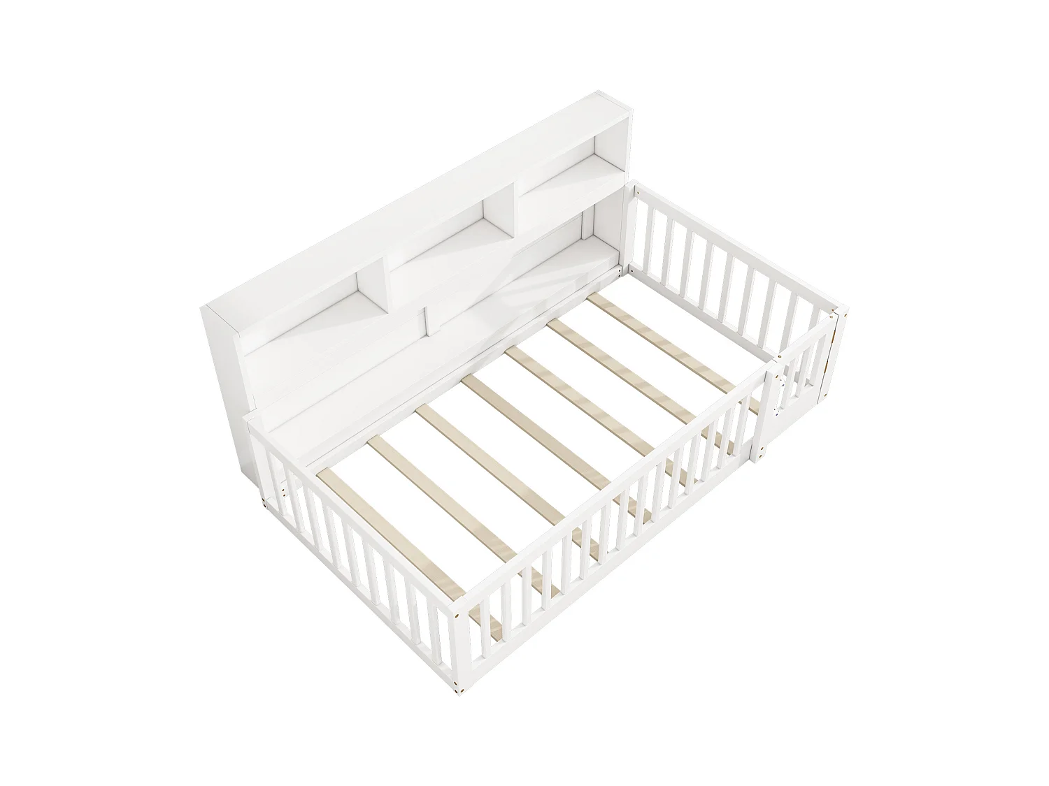 Lit au sol enfant 90x200cm avec barrière et Etagère, bois de pin blanc, sans matelas