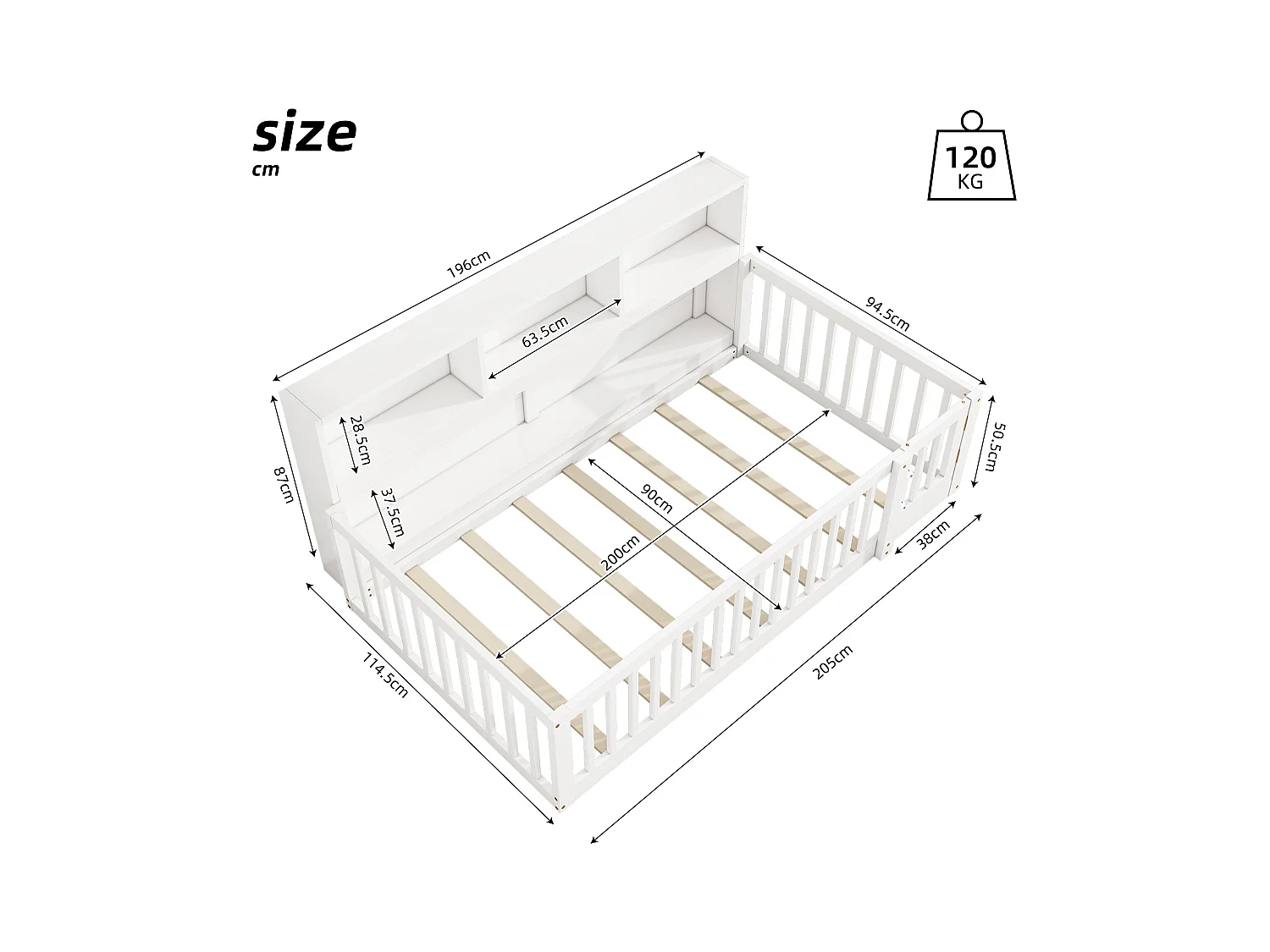 Lit au sol enfant 90x200cm avec barrière et Etagère, bois de pin blanc, sans matelas