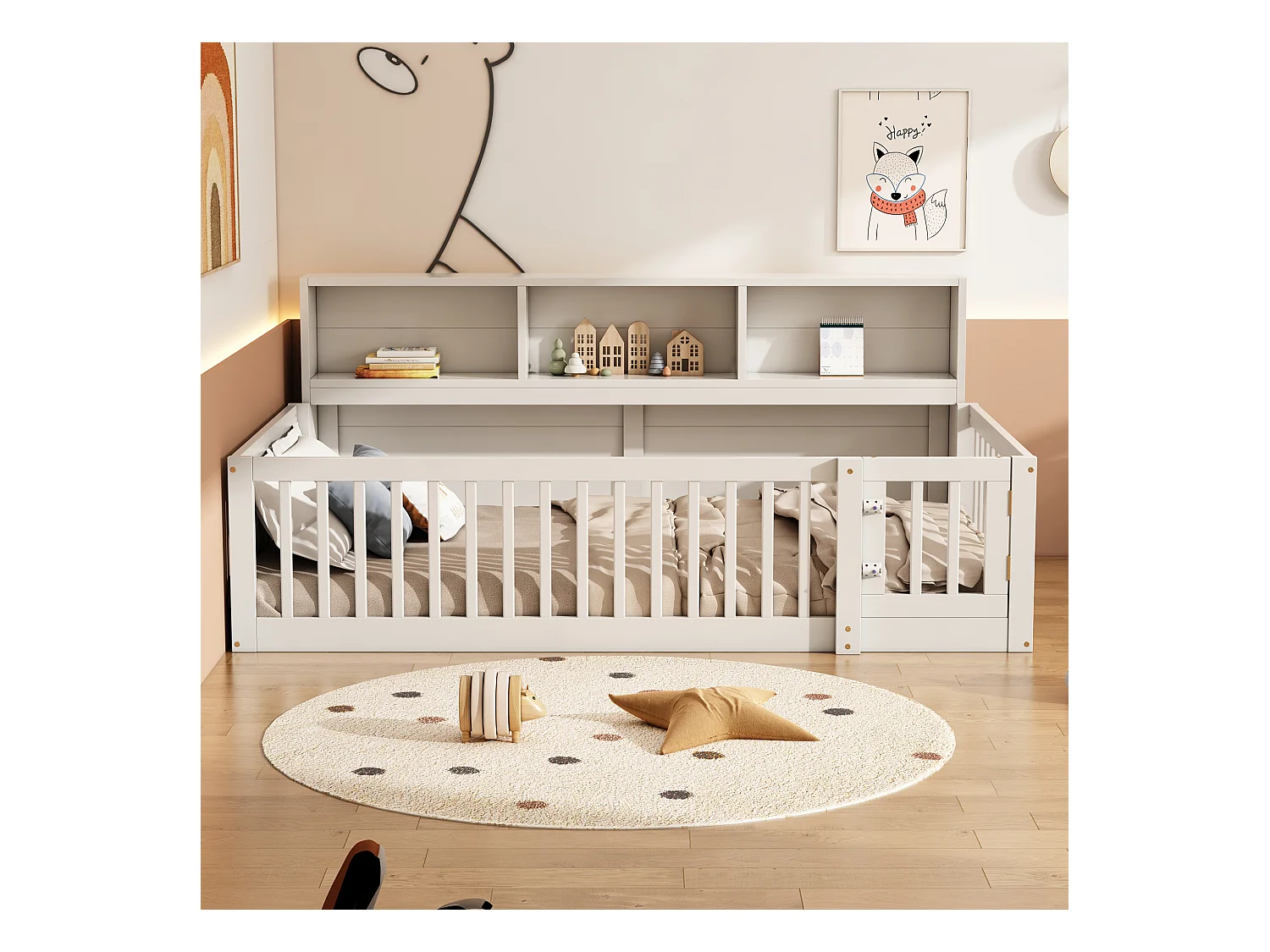 Lit au sol enfant 90x200cm avec barrière et Etagère, bois de pin blanc, sans matelas