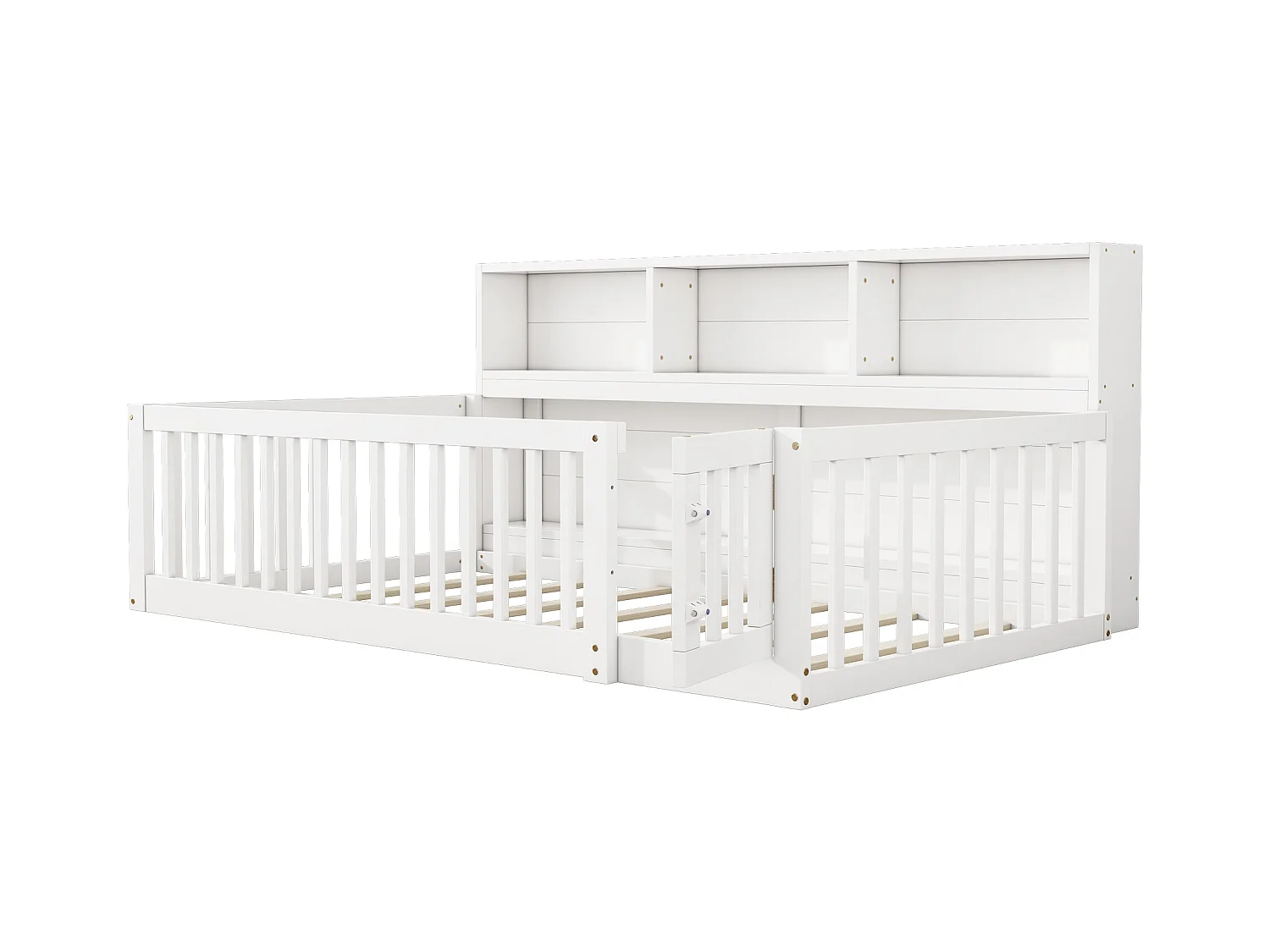 Lit au sol enfant 90x200cm avec barrière et Etagère, bois de pin blanc, sans matelas