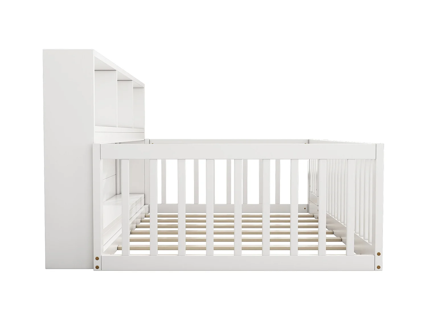 Lit au sol enfant 90x200cm avec barrière et Etagère, bois de pin blanc, sans matelas