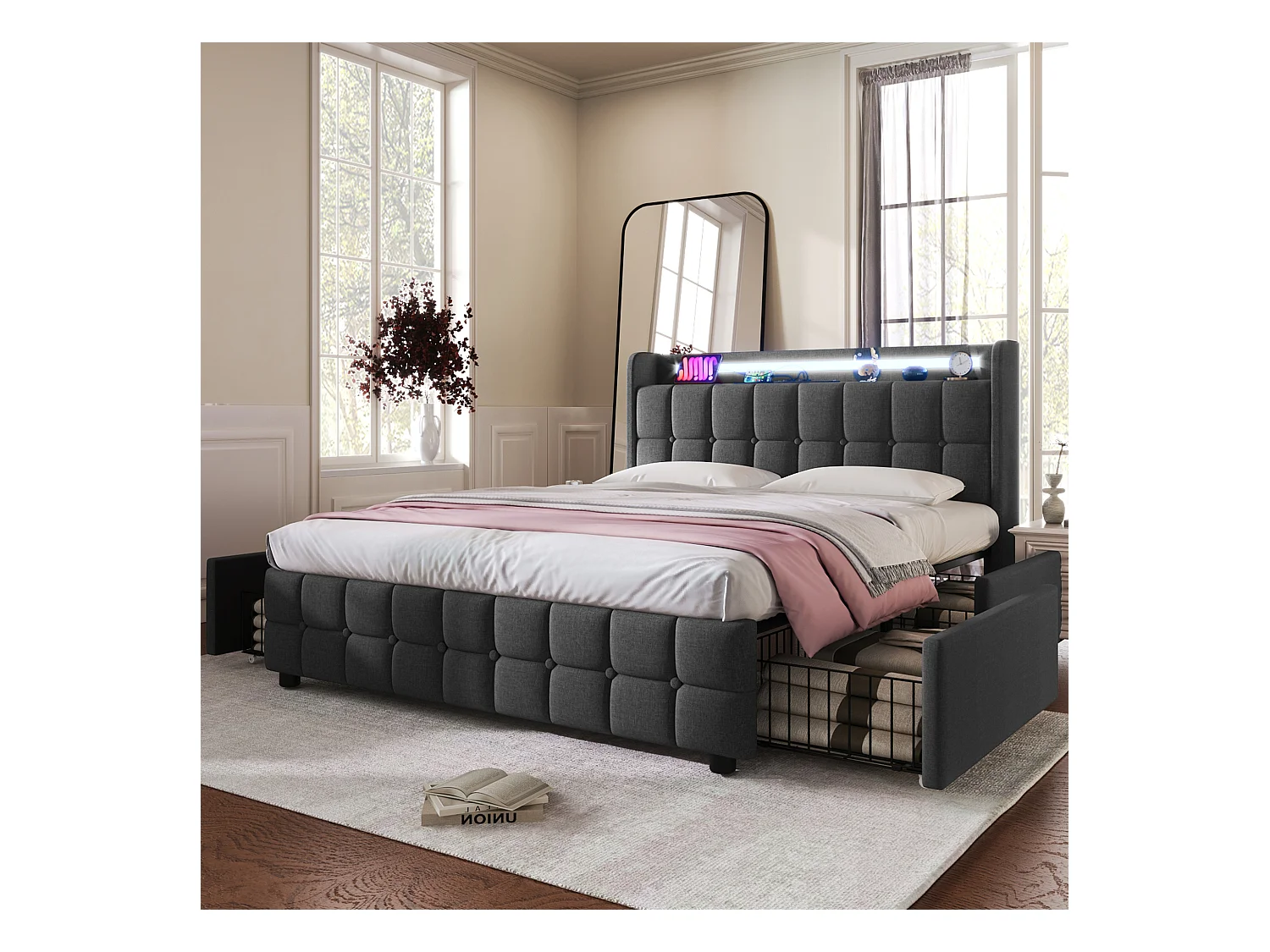 Lit adulte 180x200 cm gris avec 4 tiroirs, port USB et LED, lin, sommier à lattes, sans matelas