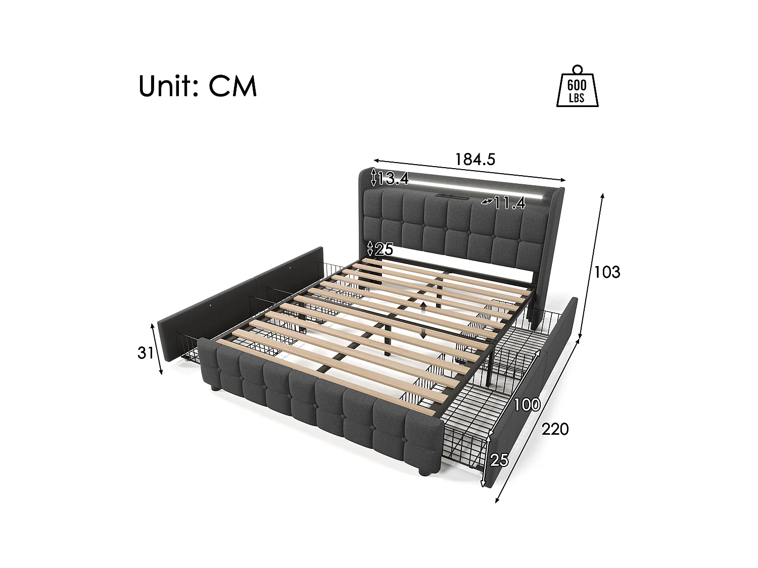 Lit adulte 180x200 cm gris avec 4 tiroirs, port USB et LED, lin, sommier à lattes, sans matelas