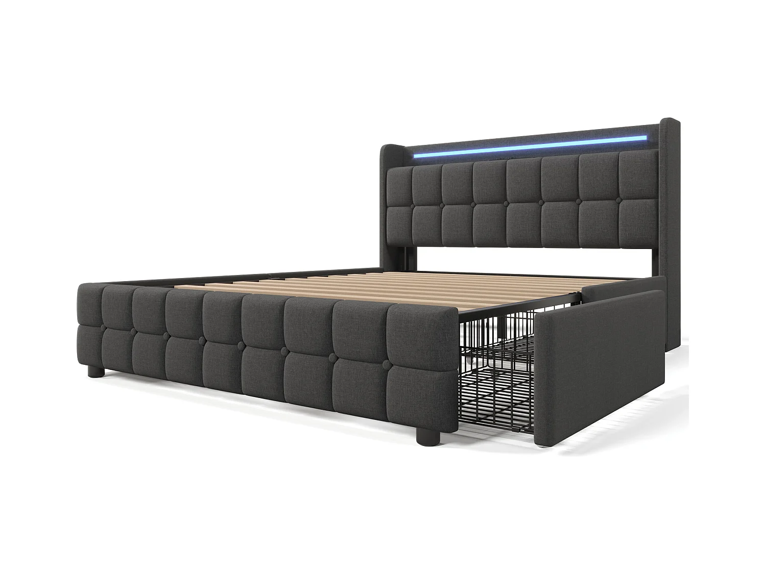 Lit adulte 180x200 cm gris avec 4 tiroirs, port USB et LED, lin, sommier à lattes, sans matelas