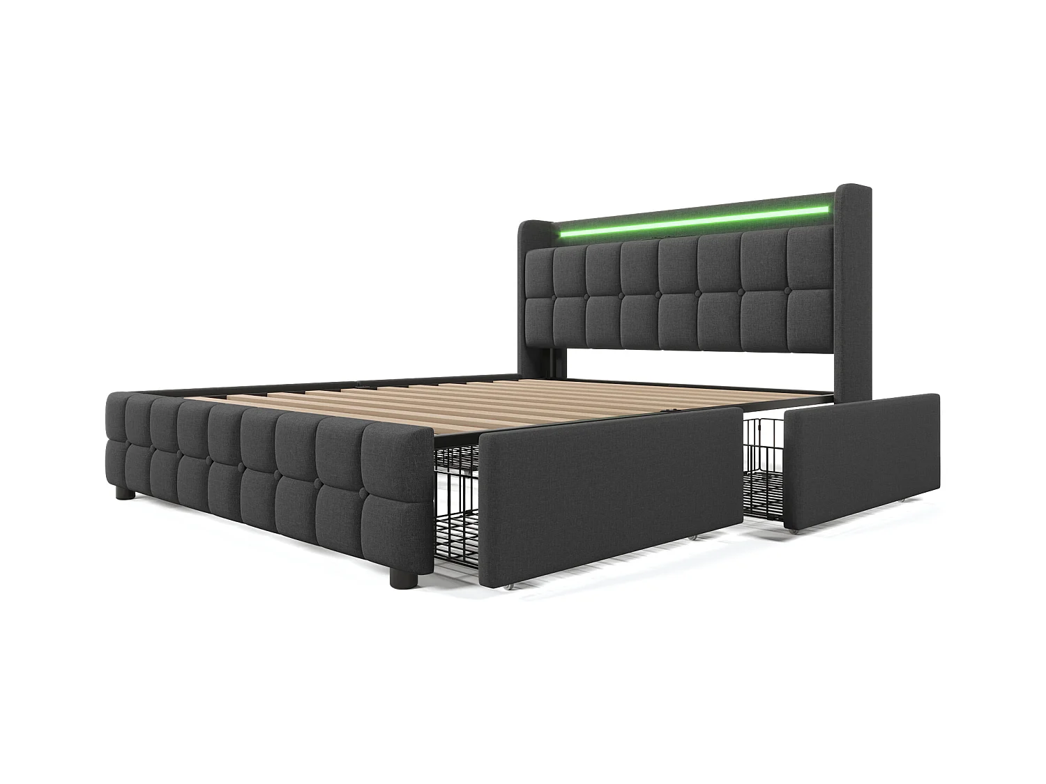 Lit adulte 180x200 cm gris avec 4 tiroirs, port USB et LED, lin, sommier à lattes, sans matelas