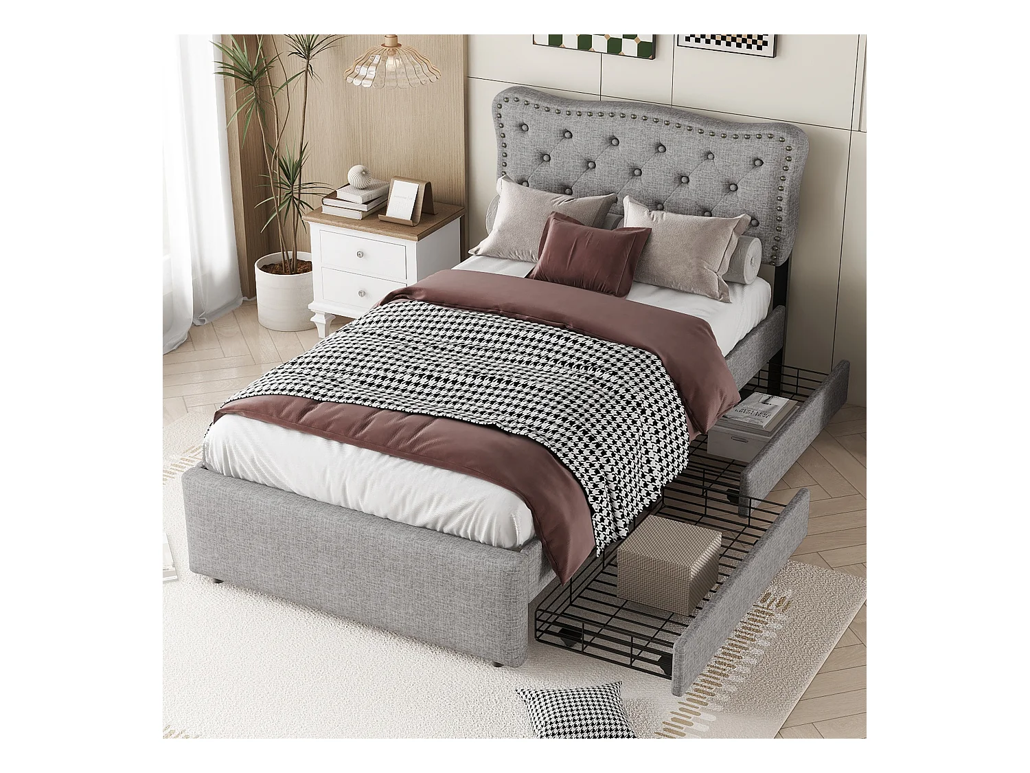 90 * 200cm lit plat, lit rembourré, tête de lit avec rivets décoratifs, double tiroir, gris