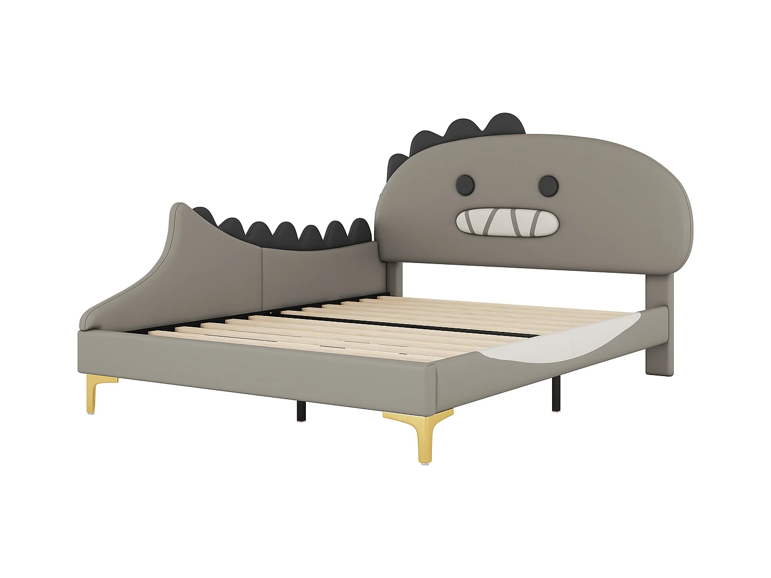 Lit enfant 90x200cm avec tête de lit en forme de dinosaure, en PU gris, sans matelas